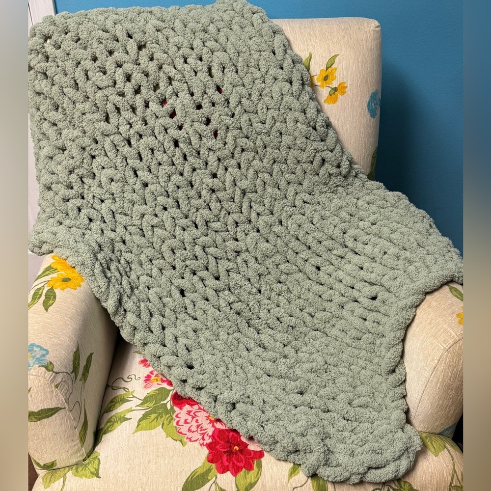 Handmade Hand Crafted Knit Chunky Baby Blanket Sage Green